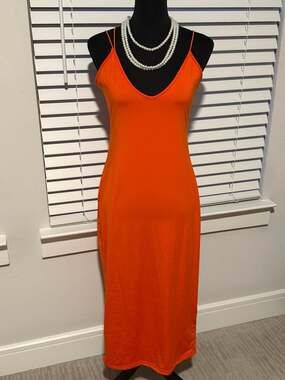 Neon Orange V-Neck Cami Maxi Bodycon Dress with Asymmetrical Straps